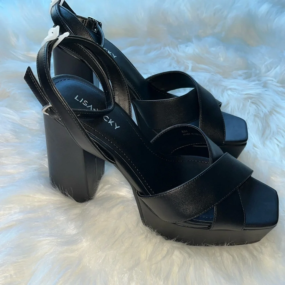 🆕 Lisa Vicky Leather Strappy Platform Heel Sandals Black Size 8